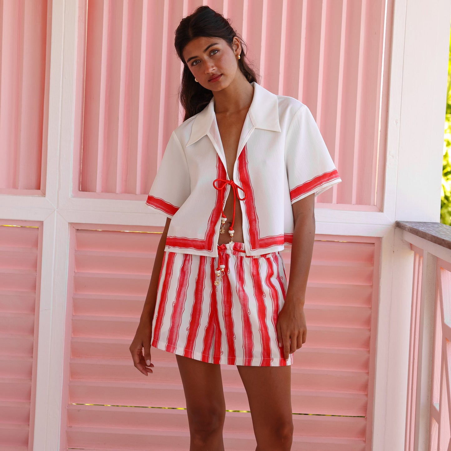 Short Sleeve Tie Up Shirt - Cherry Glaze