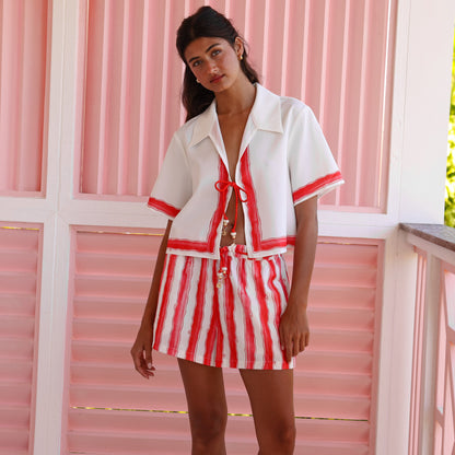 Short Sleeve Tie Up Shirt - Cherry Glaze