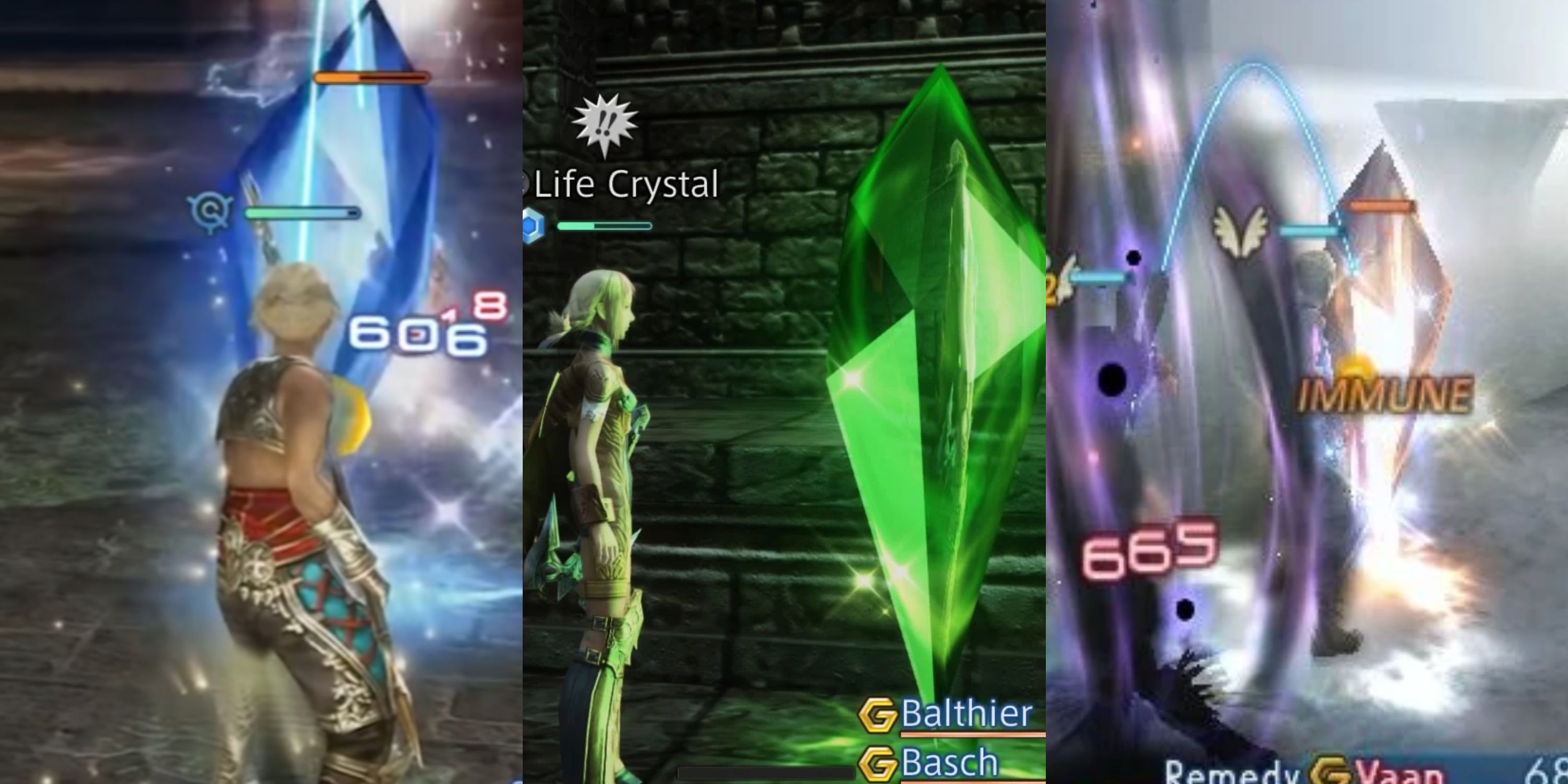Vaan lucha contra un insecto de cristal azul (izquierda), Panelo interactúa con un insecto de cristal verde (centro) y alguien es golpeado por un hechizo Darkra de un cristal rojo (derecha)
